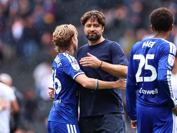 Leicester manager Russell Martin hugs Sammy Braybrooke