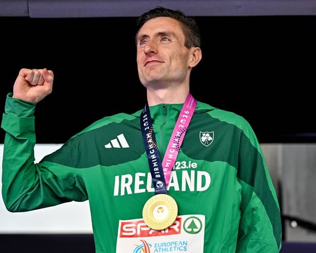 Mark English of Ireland celebrates with his gold medal from the men's 800m during day five of the European Athletics Championships 2026 at Alexander Stadium in Birmingham, England  