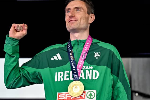 Mark English of Ireland celebrates with his gold medal from the men's 800m during day five of the European Athletics Championships 2026 at Alexander Stadium in Birmingham, England