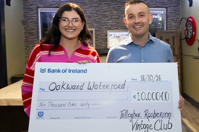 Tullogher/Rosbercon Vintage Club is delighted to announce that a total of €18,330 has been distributed to 16 charities, community organisations and worthy causes in 2026, including a donation of €10,000 to Oak Ward at University Hospital Waterford (UHW). The funds were formally presented on Friday, 16 October, at Paddy Ryan's Bar in Listerlin. Club chairperson PJ Murphy presents €10,000 to  Kayleigh Forrestal for the Oak ward at UHW