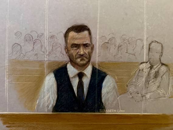 Court artists drawing of Tommy Robinson, whose real name is Stephen Yaxley-Lennon, appearing in the dock at Southwark Crown Court