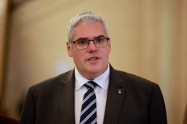 DUP leader Gavin Robinson speaking to the media at Parliament Buildings, Stormont in Belfast (Liam McBurney/PA)
