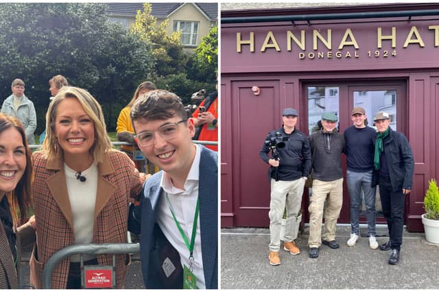 Eleanor Hanna and Daithi Ward with NBC Anchor Dylan Dreyer (left) and The Hanna Hats team with NBC filming crew and Keir Simmons (right)