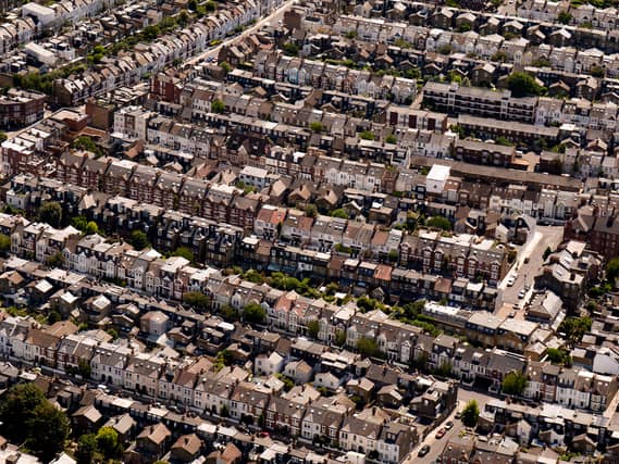 An aerial view of homes