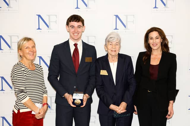 School representative Jill Stoney, winning Limerick scholar Art Thornbury, founding patron Carmel Naughton, and Minister for Health Jennifer Carroll MacNeill TD at the 2026 Naughton Foundation Scholarship awards