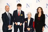 School rep Seán Burke, winning Mayo scholar Nevan Lynch from St. Gerald's College DLS, Carmel Naughton and Minister for Health Jennifer Carroll MacNeill TD at the 2026 Naughton Foundation Scholarship awards held at Trinity Business School, Trinity College Dublin