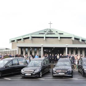 The hearses arriving arriving for the funeral of Philip and Kim English and their sons, Jayden and Callum, at the Sacred Heart Church Parish Centre, The Folly, Waterford