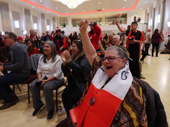 Supporters cheer as results begin to display at the pro-Canada watch party in Edmonton, Alberta