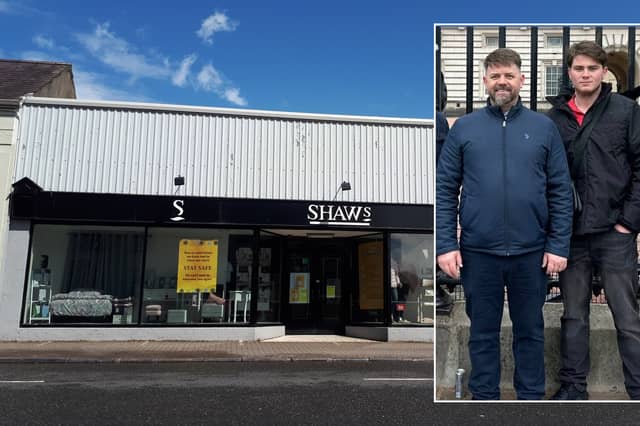 Mountmellick carpet and flooring businessman James Cawley with his son Michael, the new proprietors of the former Shaws shop, pictured when it closed in 2021.