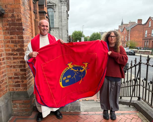 ​Canon Derek Leonard with Limerick School of Art and Design student Gabriele Bosella, and the vestment he created | PICTURE: SHEILA CURTIN