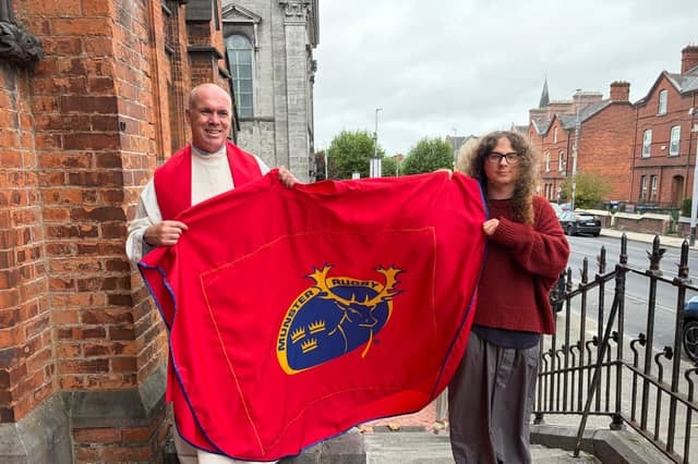 Canon Derek Leonard with Limerick School of Art and Design student Gabriele Bosella, and the vestment he created | PICTURE: SHEILA CURTIN