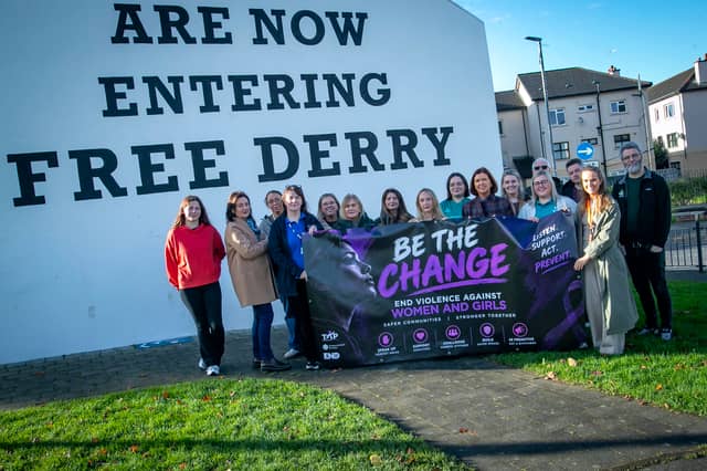 Group pictured at Free Derry Corner on Tuesday morning to highlight the launch of the ‘Be the Change’ Conference taking place at Derry’s Guildhall tomorrow (Wednesday) at 9.00am