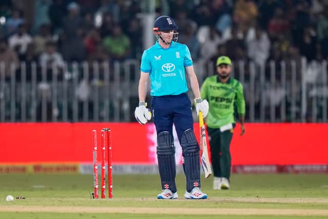 England’s Harry Brook was bowled by Arafat Minhas for just five runs in Rawalpindi (Anjum Naveed/AP)