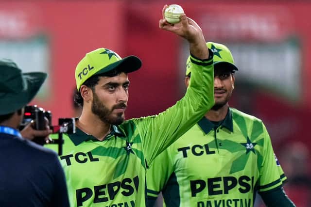 Pakistan’s Arafat Minhas, with ball, starred in Rawalpindi(Anjum Naveed/AP)