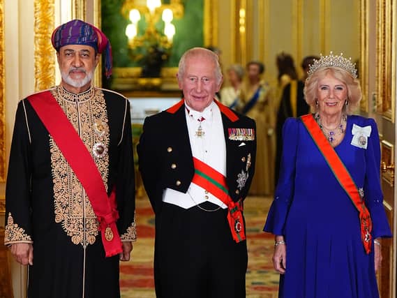 The Sultan of Oman, Sultan Haitham bin Tarik al Said, with the King and Queen before the state banquet at Windsor Castle