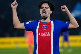 Paris St Germain's Vitinha celebrates his goal against Barcelona