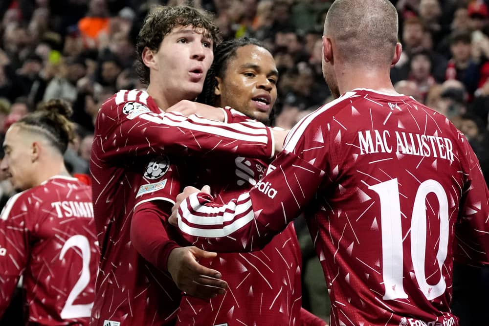Liverpool’s Alexis Mac Allister (right) celebrates celebrates scoring their side’s third goal of the game with teammate Rio Ngumoha