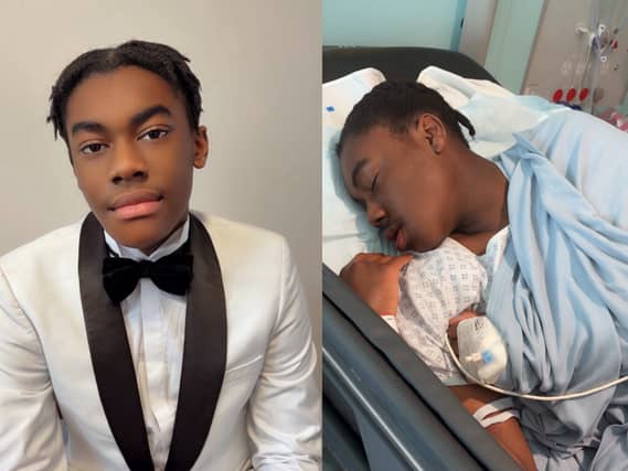 Split image of Raphael in a suit and in hospital