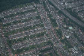 An aerial view of houses
