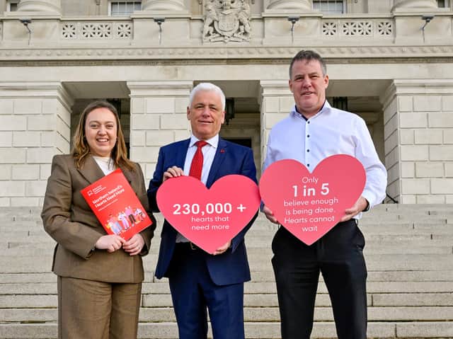 Pictured at the launch at Parliament Buildings is Terry Rice from Newry, who lost his husband Derek suddenly to a heart attack in February, alongside Fearghal McKinney, Head of BHF NI and event sponsor, DUP MLA Deborah Erskin