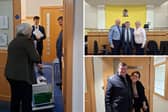 Frank Gearty's final day in the Longford Criminal District Court. Clockwise from left: Solicitors Adrian Gillick and Frank Gearty chatting with court clerk Mary Dolan at the end of his last day in court. Top right: Sergeant Enda Daly, Frank Gearty, and Court Clerk Maggie Curley. Bottom right: Frank Gearty with Longford courthouse caretaker Karolyne.    