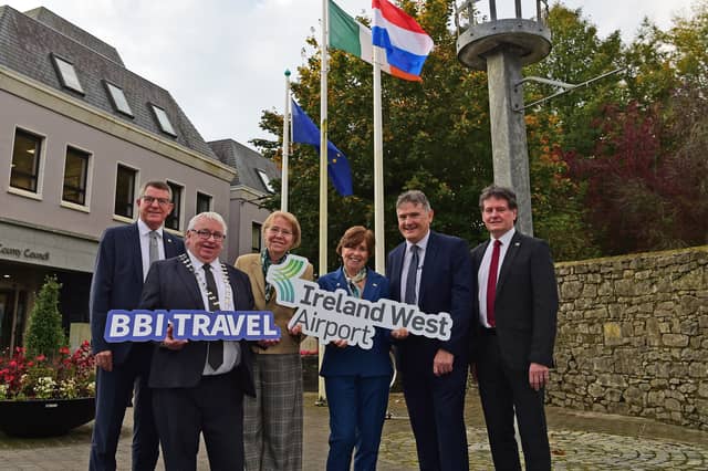 Pictured celebrating the launch of the new service between Groningen and Ireland West Airport on a visit to Mayo to as part of the EU Presidency Programme County Pairing Initiative, were from left to right, Kevin Kelly, CE, Mayo County Council, Cathaoirleach Cllr. John Caulfield, H.E. Maaike van Koldam, Ambassador of the Kingdom of the Netherlands to Ireland, H.E. Ann Derwin, Ambassador of Ireland to the Netherlands, Joe Gilmore, Managing Director, Ireland West Airport and Michael McDermott, Head of Tourism, Mayo County Council
