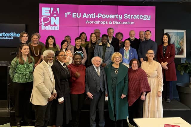 Michael D Higgins with his wife Sabina and participants at EAPN Ireland’s event at the PorterShed on Friday.