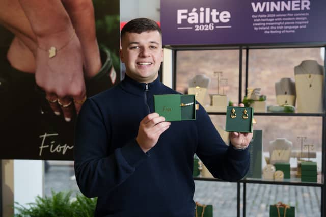 Seán Leddin, founder of Fíor Jewellery, celebrating Fíor being named the winner of Carrolls Irish Gifts' Fáilte 2026 initiative at the brand's College Green store in Dublin