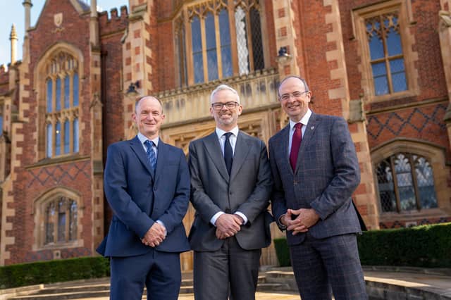 Announcing the scholarship at Queen’s are (from l-r): Dr Tim McCormac Head of Research at the Dundalk Institute of Technology, Dr Declan Tiernan, Co-Head of Europe & Partner and Head of EMEA Client Coverage at Oak Hill Advisors, Eddie Friel, Director of Alumni Engagement and Philanthropy at Queen's University Belfast.