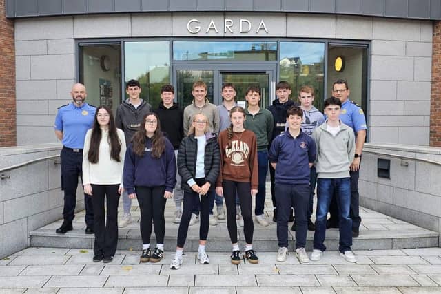 Transition year students from Carndonagh Community School and Moville Community College outside Buncrana Garda Station.
