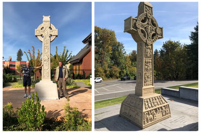 (Right) The Celtic High Cross was begun by Brendan McGloin and erected in Portland, Oregon. (Left) Seamus Dunbar (Right) standing next to the Celtic High Cross.