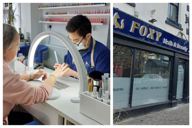 A customer getting their nails done in Foxy Nails & Beauty in Portlaoise, and the front of their new larger salon, opening in 2027 in what was AJ Flynn's Menswear on Main Street.