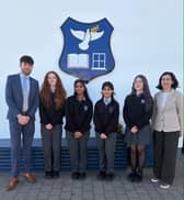 Mr Evan Gorrell (Deputy Principal), Aoibhinn, Hansika, Kadambari, Talia, and Ms Pamela Zarb (Teacher)