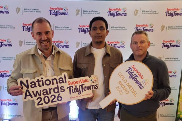 Eddie McHugh, Girena Takile and Kieran Ledwith, Longford TidyTowns volunteers, at the national awards ceremony in Croke Park