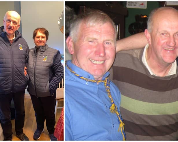 The late John (Johnny) McDonnell, Carrickedmond, Colehill, Longford pictured (left) with his wife Mairead and (right) with another Carrickedmond GAA legend, the late Eugene Quaine 