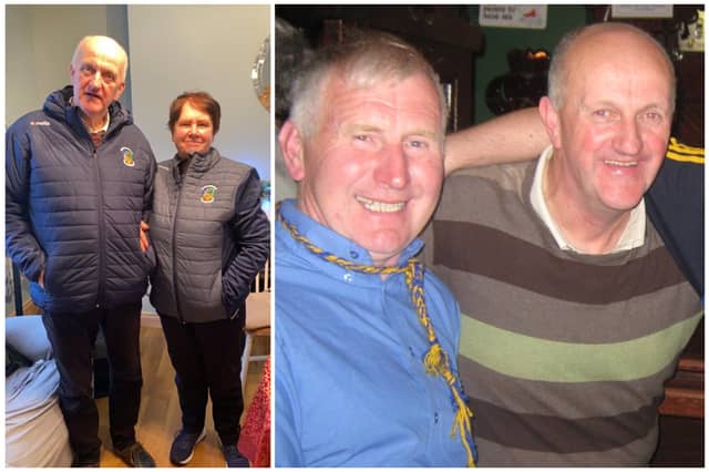 The late John (Johnny) McDonnell, Carrickedmond, Colehill, Longford pictured (left) with his wife Mairead and (right) with another Carrickedmond GAA legend, the late Eugene Quaine