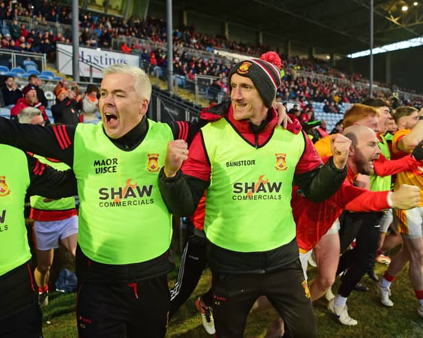 Kevin Folan and his backroom team react to the final whistle in the Mayo senior final in Castlebar.