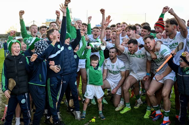 Six year old Ronan Sheflin together with Joey Holden, captain of Ballyhale Shamrocks, and squad members and supporters celebrate with The Tommy Walsh Cup after the Kilkenny County Senior Club Hurling Championship final match between Ballyhale Shamrocks and Tullaroan at UPMC Nowlan Park in Kilkenny.