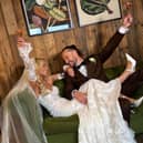 Tom Morrissey and bride Elaine Dolan toast their nuptials