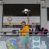 Brian Banks lifts the Fenagh Cup for Ballinamore after their Senior Final Replay win over Fenagh St Cailian’s on Sunday.