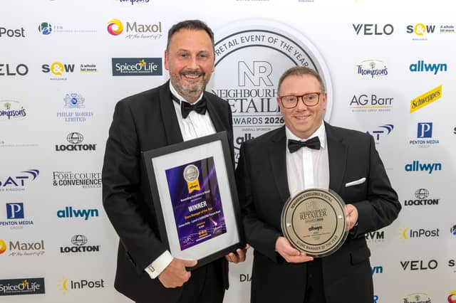James Kelly (right) is pictured with Gavan Morris, International Business Unit Director at AG Barr, sponsor of the Store Manager of the Year category.