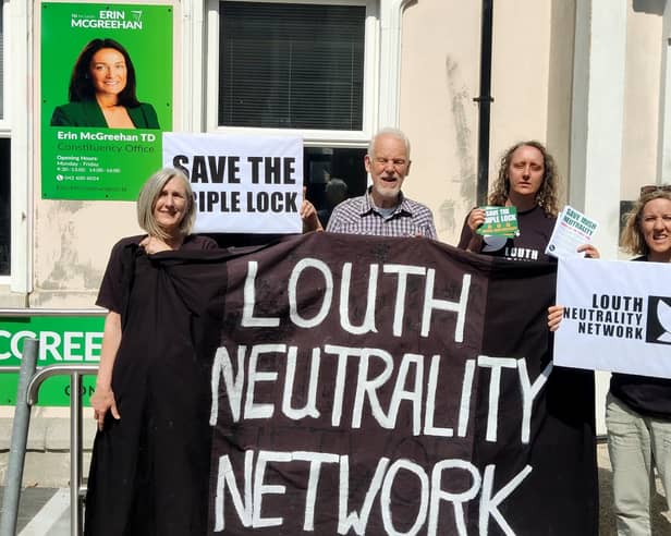 Louth Neutrality Network protesting outside the office of Louth Fianna Fáil TD Erin McGreehan