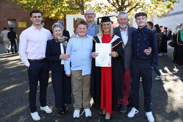 Jennifer Emerson, Portarlington with her Parents John and Terri Campbell, Husband Hugh and Sons Hugo, John and Ollie who received a Master of Science in Work and Organisational Behaviour during the Autumn Graduation Ceremony in DCU (Dublin City University)