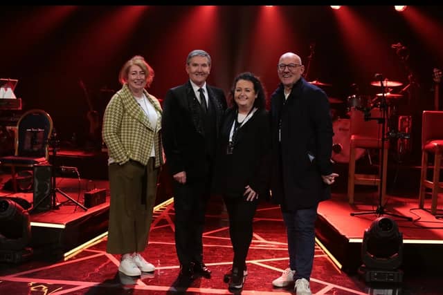 On the set of Opry le Daniel in the Millennium Forum, from left, Jane Kelly, Joint CEO Big Mountain Productions, Daniel O’Donnell, producer Sally Ní Dhuibhir, and Philip McGovern, Joint CEO Big Mountain Productions