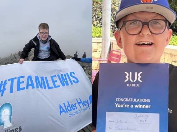 A composite picture of Lewis Connett on Snowdon and also holding a table tennis certificate