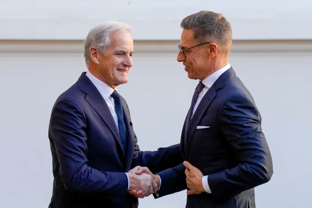 Finnish President Alexander Stubb, left, and Norwegian Prime Minister Jonas Gahr Store (Cornelius Poppe/NTB Scanpix via AP)
