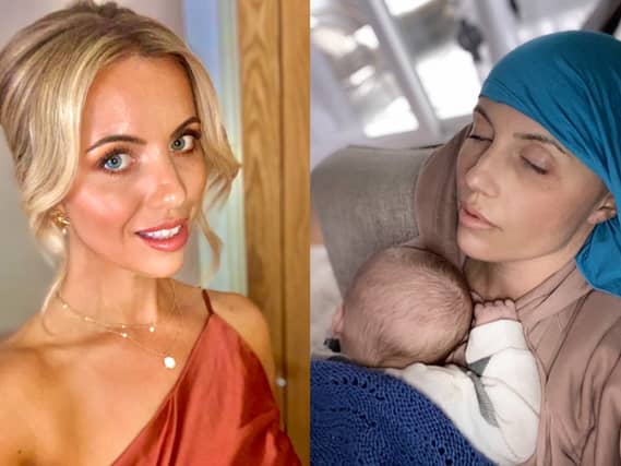 A composite photo of Saran smiling and a poorly Sarah nursing her baby