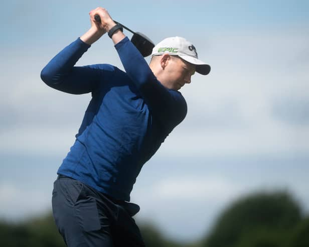 Walter Walsh teeing off for the 2026 Laois GAA Golf Classic at Portarlington Golf Club. 