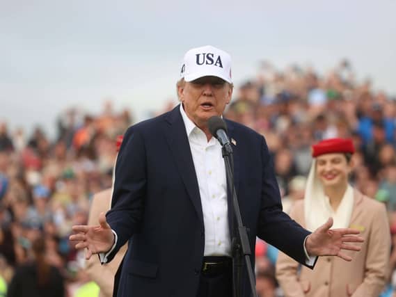 US President Donald Trump speaking after the Irish Open at the Trump International Golf Links & Hotel in Doonbeg, Co Clare