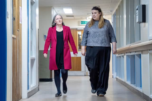 Maree Todd (left) with service manager for the Alcohol and Drug Partnership in Fife Elizabeth Butters (right), during a visit to Whytemans Brae Hospital in Kirkcaldy, Fife (Jane Barlow/PA)